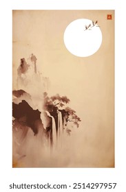 Ink wash painting with the moon and cranes flying over a cliff waterfall.Traditional oriental ink painting sumi-e, u-sin, go-hua on vintage background. Hieroglyph - eternity.
