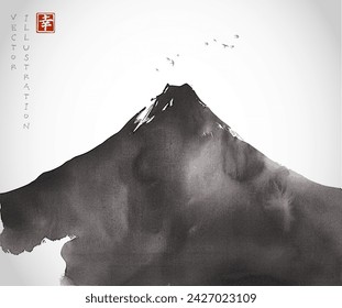 Ink wash painting on big black Fuji mountain and birds in flight over it. Traditional Japanese ink wash painting sumi-e. Hieroglyph - happiness