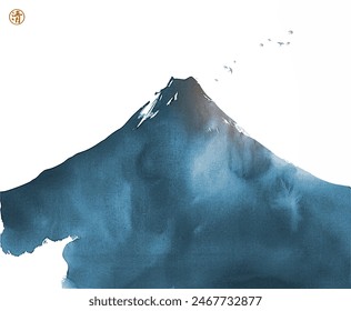 Ink wash painting on big blue Fuji mountain and birds in flight over it. Traditional Japanese ink wash painting sumi-e. Hieroglyph - happiness