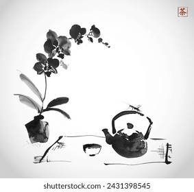 Ink wash painting with orchid flowers, teapot and cups. Traditional tea ceremony scene. Oriental ink painting sumi-e, u-sin, go-hua. Translation of hieroglyph - tea.