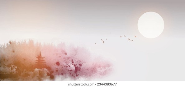 Ink wash painting with pagoda temple on misty island with forest trees. Traditional oriental ink painting sumi-e, u-sin, go-hua