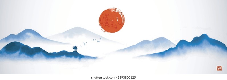 Ink wash painting with pagoda temple, red sun and blue foggy mountains. Panoramic landscape in traditional oriental ink painting sumi-e, u-sin, go-hua. Translation of hieroglyph - zen.