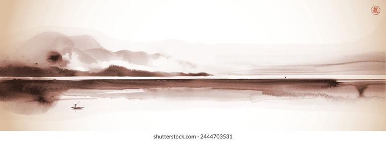 Ink wash painting of panorama with a lone fisherman on calm waters and distant mountains. Traditional oriental ink painting sumi-e, u-sin, go-hua in vintage style. Hieroglyph - life energy.