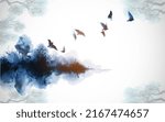 Ink wash painting with pine trees and flock of birds flying above the island with forest trees. Traditional Japanese ink wash painting sumi-e. 