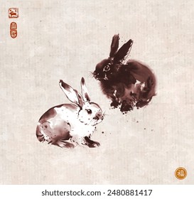 Ink wash painting of rabbits on vintage background. Traditional oriental ink painting sumi-e, u-sin, go-hua. Hieroglyph - well-being.