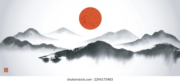 Lápiz de tinta con sol rojo y montañas en niebla. Paisaje panorámico en tintas tradicionales orientales pintando sumi-e, u-sin, estilo go-hua. Traducción de jeroglífico - eternidad.