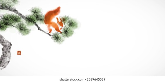 Ink wash painting of a squirrel on a pine tree branch. Traditional oriental ink painting sumi-e, u-sin, go-hua. Hieroglyph - happiness