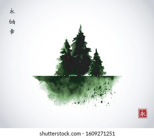 Ink wash painting with three green pine trees on white background. Traditional oriental ink painting sumi-e, u-sin, go-hua. Hieroglyphs - eternity, freedom, happiness.