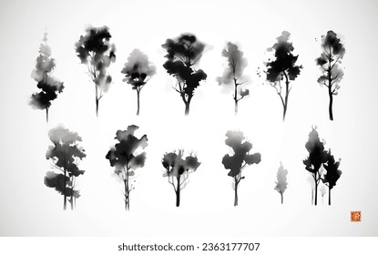 Ink wash painting of trees on white background. Traditional Japanese ink wash painting sumi-e. Translation of hieroglyph - prosperity.