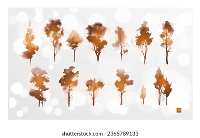Ink wash painting of trees on white glowing background. Traditional Japanese ink wash painting sumi-e. Translation of hieroglyph - prosperity.