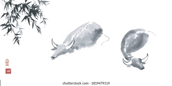 Ink wash painting of two buffalo bulls in water. Traditional oriental ink painting sumi-e, u-sin, go-hua. Translation of hieroglyph - zen.