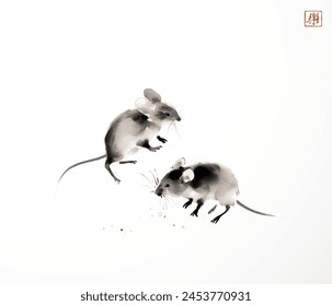 Ink wash painting of two mice. Traditional oriental ink painting sumi-e, u-sin, go-hua. Hieroglyph - joy.