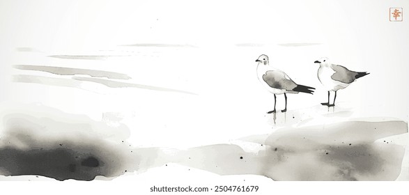 Pintura de lavado de tinta con dos gaviotas en una playa serena. Pintura tradicional de tinta oriental sumi-e, u-sin, go-hua. Jeroglífico - felicidad