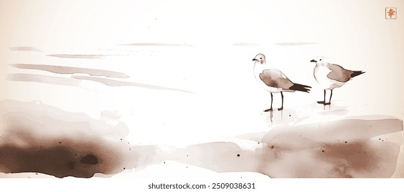 Pintura de lavagem de tinta com duas gaivotas em uma praia serena no estilo vintage. Tradicional tinta oriental pintura sumi-e, u-sin, go-hua. Hieróglifo - felicidade