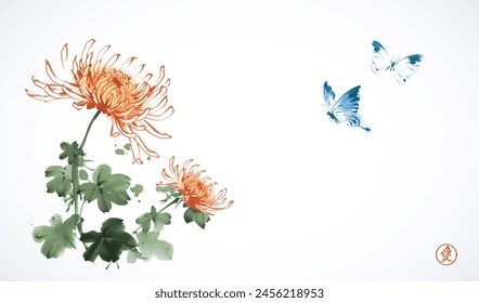 Ink wash painting with vivid chrysanthemum on white background. Traditional oriental ink painting sumi-e, u-sin, go-hua. Translation of hieroglyph - zen.