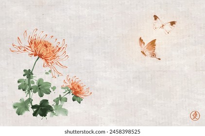 Ink wash painting with vivid chrysanthemum in chinese style. Traditional oriental ink painting sumi-e, u-sin, go-hua on vintage background. Translation of hieroglyph - zen.