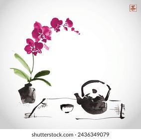 Ink wash painting with vivid orchid flowers, teapot and cups. Traditional tea ceremony scene. Oriental ink painting sumi-e, u-sin, go-hua. Translation of hieroglyph - tea.