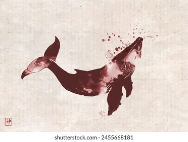 Ink wash painting of a  whale in  water splashes on vintage background. Traditional oriental ink painting sumi-e, u-sin, go-hua. Translation of hieroglyph - spirit.