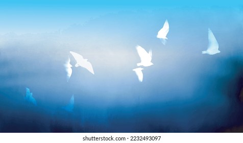 Ink wash painting of white birds in blue sky. Traditional oriental ink painting sumi-e, u-sin, go-hua. Vector illustration.