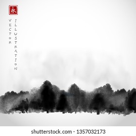 Ink wash painting with winter forest trees. Traditional Japanese ink wash painting sumi-e. Hieroglyph - eternity.