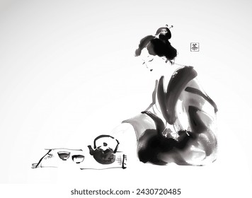 Ink wash painting of woman in a kimono pouring tea, the scene of a traditional tea ceremony. Traditional oriental ink painting sumi-e, u-sin, go-hua. Hieroglyph -  tea.