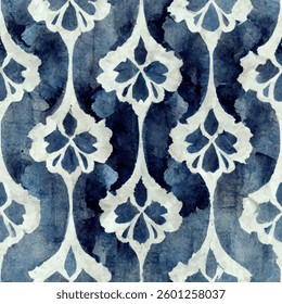 Ink washes of indigo and white, symmetrical floral motif, grunge lines ikat pattern, striped seamless pattern, Vector illustration background for print the paper.