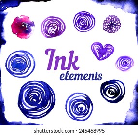 Ink or Watercolor design elements, vector illustration. Circles and stains.