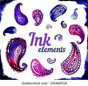 Ink or Watercolor design elements, vector illustration. Traditional Indian paisley.