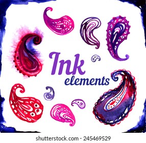 Ink or Watercolor design elements, vector illustration. Traditional Indian paisley.