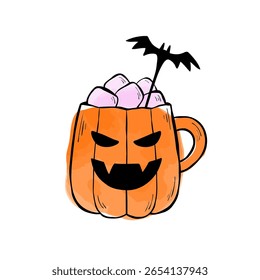Desenho a tinta e aquarela de caneca Jack-o'-lantern para design de adesivo de Halloween, menu, cartão ou scrapbook. Ilustração vetorial da bebida da festa com marshmallows no topo isolado no fundo branco. 