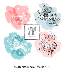 Ink, watercolor flower line art background. Hand drawn nature painting. Freehand sketching vector illustration. Ink wash painting. Vintage design for print, poster, greeting card, postcard.