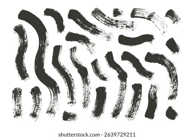 Ink wavy brush stroke lines. Hand drawn black ink vector long shapes. Paintbrush dye linear scribble elements set isolated on white background. Marker thick grunge curved strips.