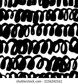 Ink wavy stripe seamless pattern. Black ink bold brush strokes. Hand drawn vector curved ornament. Dirty swirled horizontal lines and wavy brushstrokes. Curly brush stroke, grunge paint curved lines.