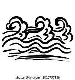 Ink wavy texture. Dry brush sea pattern. Ocean waves painting background. Vector illustration. Hand drawn black and white artwork.