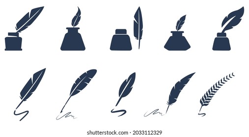 Ink well or ink pot vector icon set