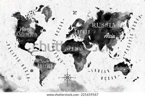 Ink world map in black and white graphics in vintage style wall art.