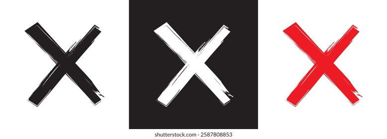 Ink wrong signs  icon.  Paint brush stroke crosses. Hand-painted Wrong icons. NO button for checkbox voting. isolated on white and black background. Vector illustration. EPS 10