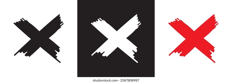 Ink wrong signs  icon.  Paint brush stroke crosses. Hand-painted Wrong icons. NO button for checkbox voting. isolated on white and black background. Vector illustration. EPS 10
