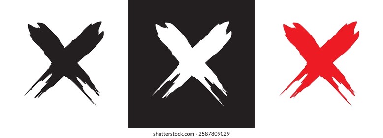 Ink wrong signs  icon.  Paint brush stroke crosses. Hand-painted Wrong icons. NO button for checkbox voting. isolated on white and black background. Vector illustration. EPS 10