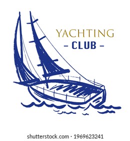 Ink yacht for design posters, banners in different styles. Vector illustration, logo.