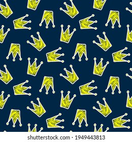Ink yellow-white crown isolated on dark blue background. Cute seamless pattern. Vector simple flat graphic hand drawn illustration. Texture.