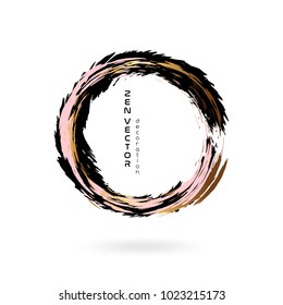 Ink zen circle emblem. Hand drawn abstract decoration element. Black, pink and gold colors
