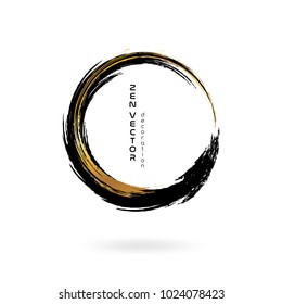 Ink zen circle emblem. Hand drawn abstract decoration element. Black and gold