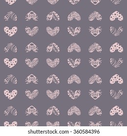 Ink zentangle heart seamless pattern. Abstract creative hearts for valentine day. Romantic purple and beige background for greeting cards.