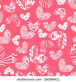 Ink zentangle heart seamless pattern. Abstract creative hearts for valentine day. Romantic pink rose background for greeting cards.