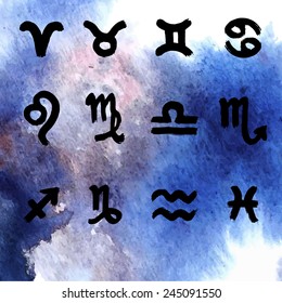 Ink zodiac icon set, vector sign on watercolor background