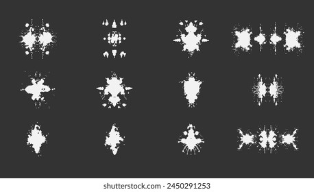 Inkblot psychology test set black and white. Vector illustration abstract stain and imagination spray. Psychiatric art and symmetric shape. Exam therapy