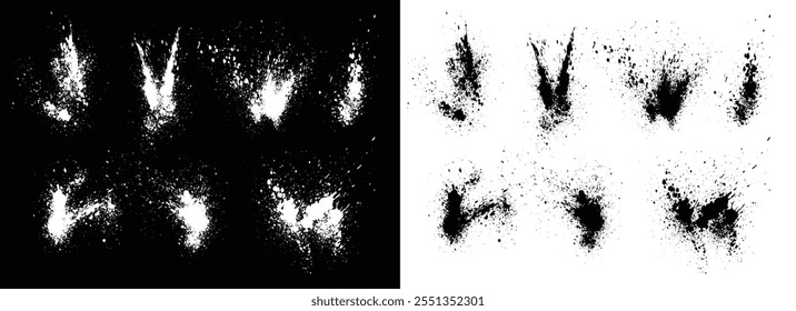 Inkblot set of black and white color grunge brush stroke distressed splashes illustration background