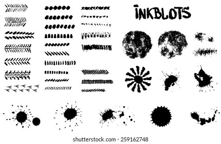 Inkblots, brushes, spots, patterns and signs in vector.