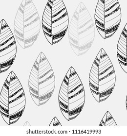 inkbrush monochrome effect doodle leafs repeating vector pattern